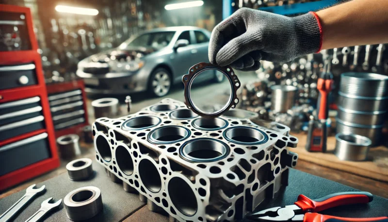 A close-up of a head gasket placed on the cylinder head of an engine block.