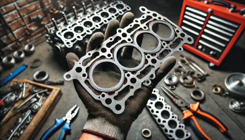  A head gasket shown in a mechanic's hand, highlighting the details and materials