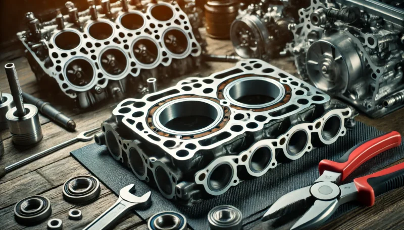 An image of a head gasket positioned next to a disassembled engine on a workbench. 