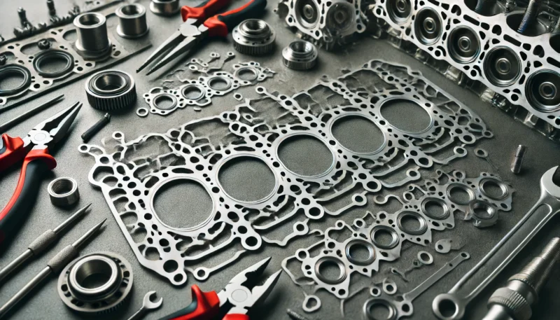 A close-up image of a head gasket lying flat on a clean workbench.